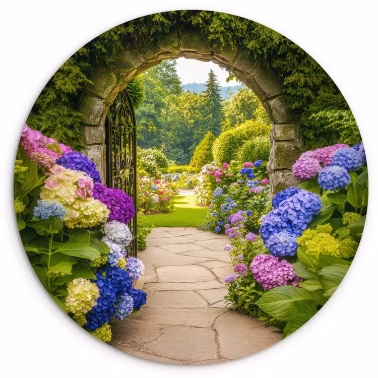 Doorkijk - Poort - Hortensia - Bloementuin Wandcirkel kunststof plaat 5mm dik klein -3d