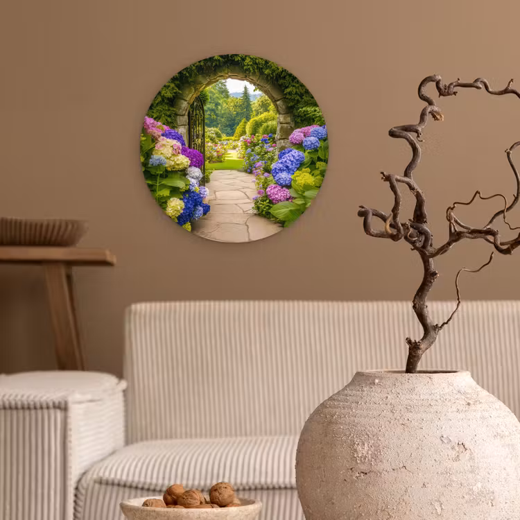 Doorkijk - Poort - Hortensia - Bloementuin Wandcirkel kunststof plaat 5mm dik klein -sfeer1