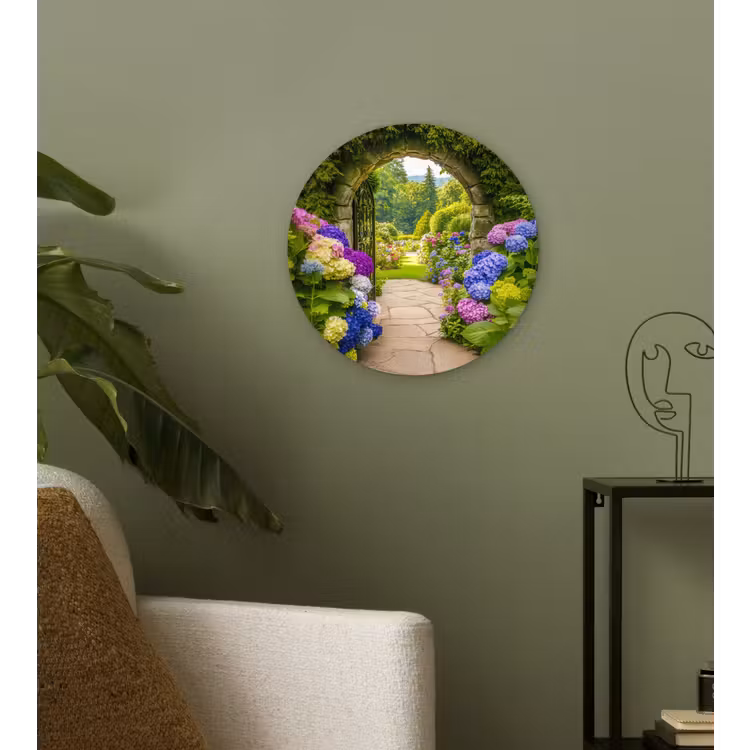Doorkijk - Poort - Hortensia - Bloementuin Wandcirkel kunststof plaat 5mm dik klein -sfeer3