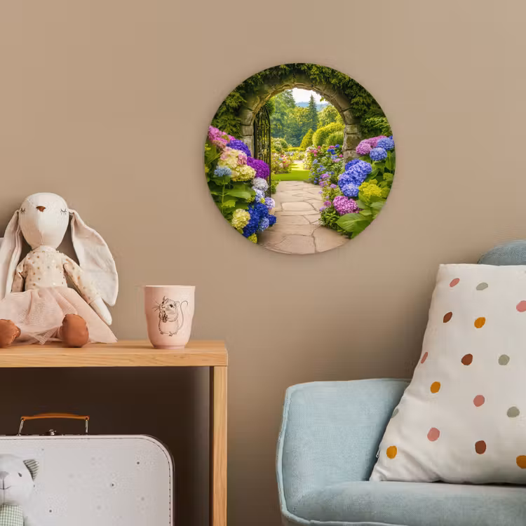 Doorkijk - Poort - Hortensia - Bloementuin Wandcirkel kunststof plaat 5mm dik klein -tsfeer1_kind