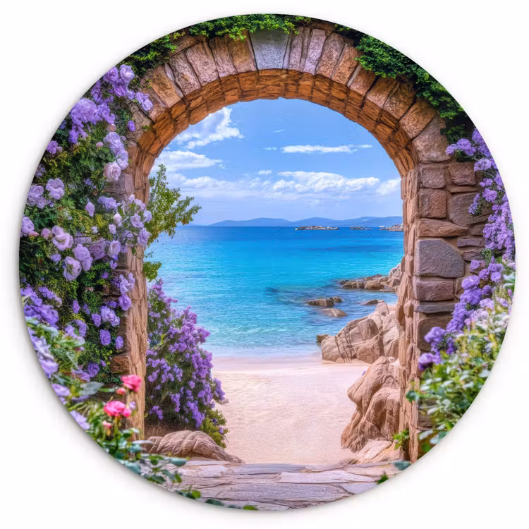 Doorkijk - Poort - Zee - Strand - Rotsen Wandcirkel kunststof plaat 5mm dik klein -3d