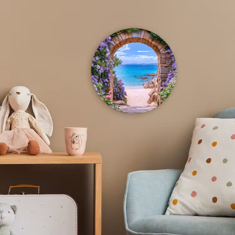 Doorkijk - Poort - Zee - Strand - Rotsen Wandcirkel kunststof plaat 5mm dik klein -tsfeer1_kind