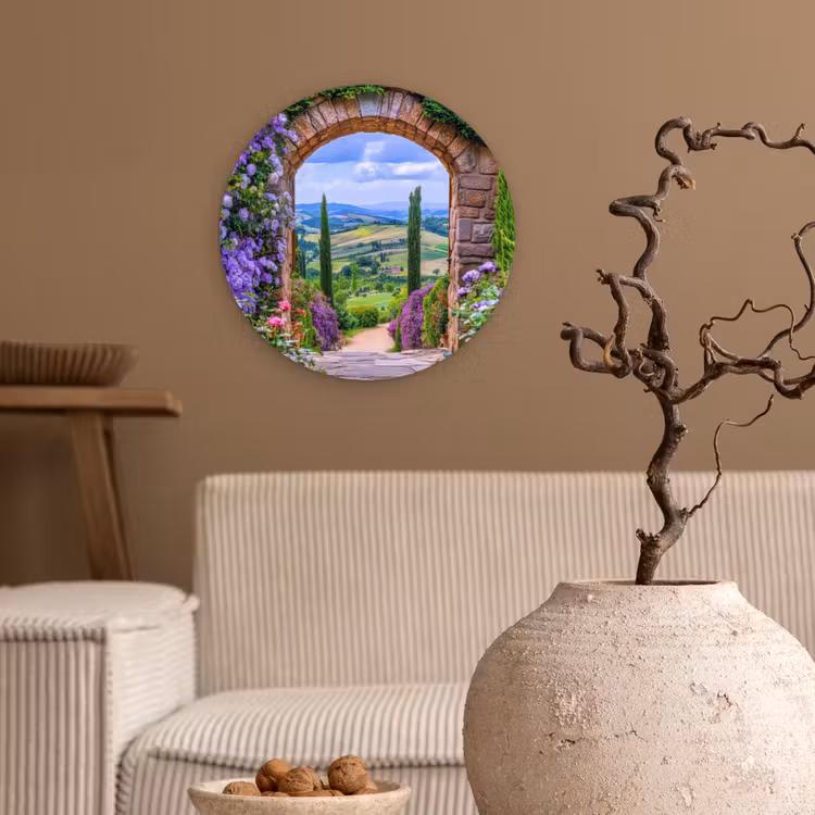 Doorkijk - Toscane - Landschap - Poort Wandcirkel kunststof plaat 5mm dik klein -sfeer1