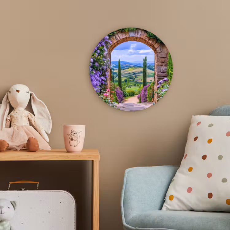 Doorkijk - Toscane - Landschap - Poort Wandcirkel kunststof plaat 5mm dik klein -tsfeer1_kind