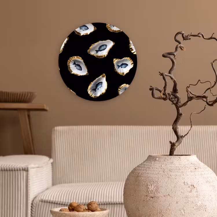 Oesters - Vissen - Blauw - Goud Wandcirkel kunststof plaat 5mm dik klein -sfeer1