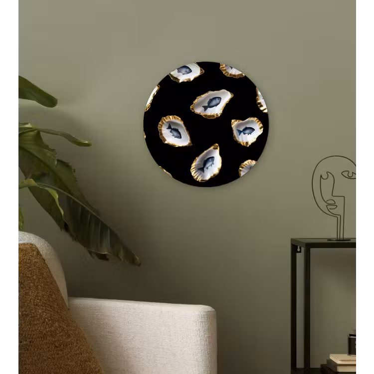 Oesters - Vissen - Blauw - Goud Wandcirkel kunststof plaat 5mm dik klein -sfeer3