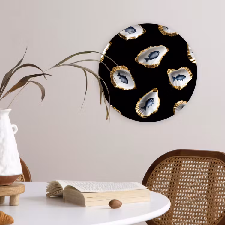 Oesters - Vissen - Blauw - Goud Wandcirkel kunststof plaat 5mm dik klein -sfeer4