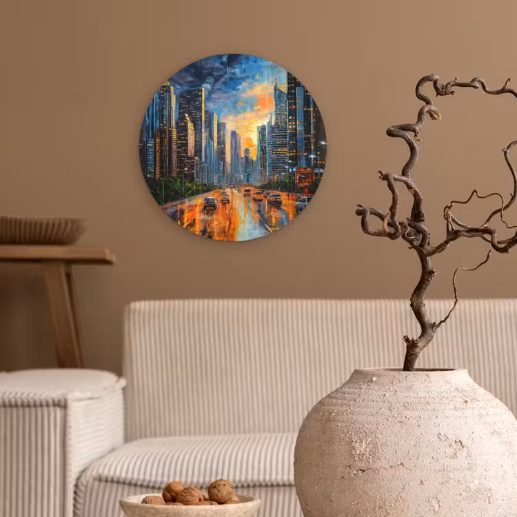Auto - Skyline - Zon - Blauw Wandcirkel kunststof plaat 5mm dik klein -sfeer1