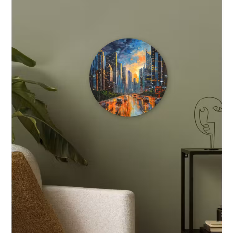 Auto - Skyline - Zon - Blauw Wandcirkel kunststof plaat 5mm dik klein -sfeer3