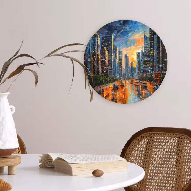 Auto - Skyline - Zon - Blauw Wandcirkel kunststof plaat 5mm dik klein -sfeer4