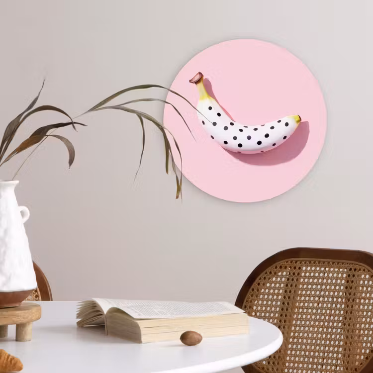 Banaan - Stippen - roze Wandcirkel kunststof plaat 5mm dik klein -sfeer4