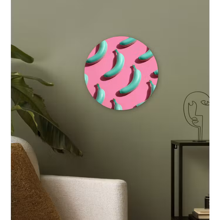 Bananen - Patroon - Blauw - Roze Wandcirkel kunststof plaat 5mm dik klein -sfeer3