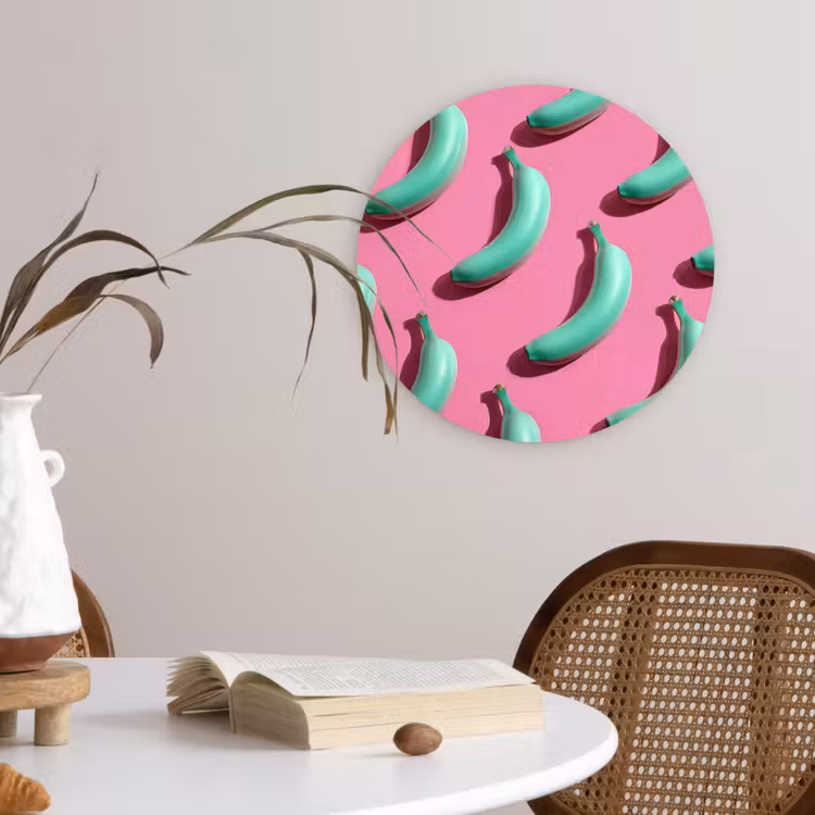 Bananen - Patroon - Blauw - Roze Wandcirkel kunststof plaat 5mm dik klein -sfeer4