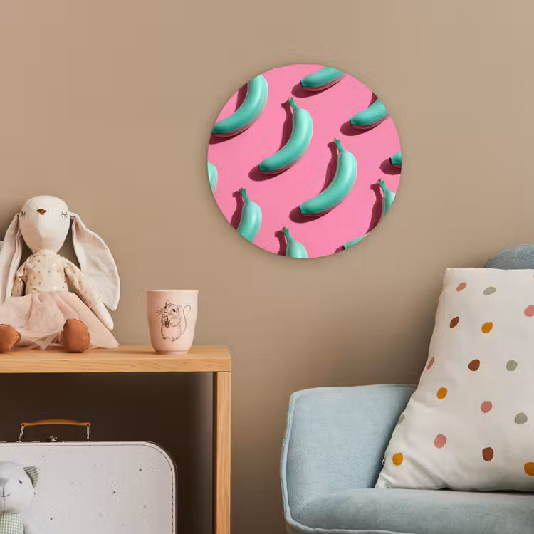 Bananen - Patroon - Blauw - Roze Wandcirkel kunststof plaat 5mm dik klein -tsfeer1_kind