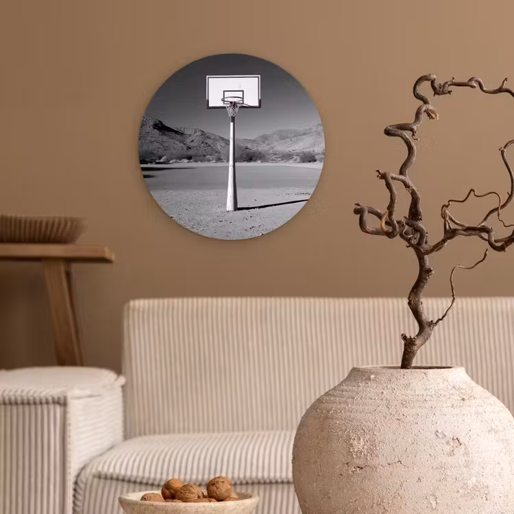 Basketbalpaal - Landschap - Zand - Wit Wandcirkel kunststof plaat 5mm dik klein -sfeer1