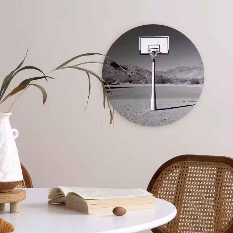 Basketbalpaal - Landschap - Zand - Wit Wandcirkel kunststof plaat 5mm dik klein -sfeer4