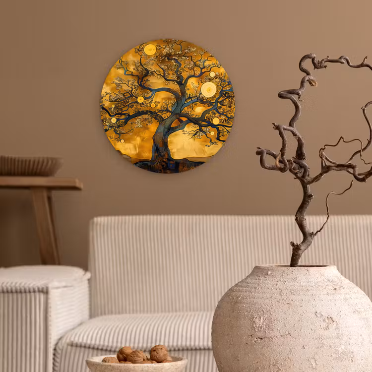 Boom - Levensboom - Abstract - Goud Wandcirkel kunststof plaat 5mm dik klein -sfeer1