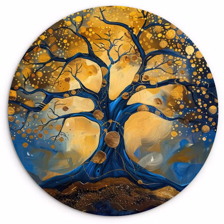 Boom - Levensboom - Blauw - Goud Wandcirkel kunststof plaat 5mm dik klein -3d