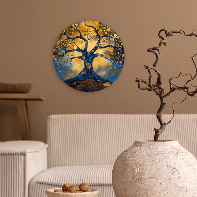 Boom - Levensboom - Blauw - Goud Wandcirkel kunststof plaat 5mm dik klein -sfeer1