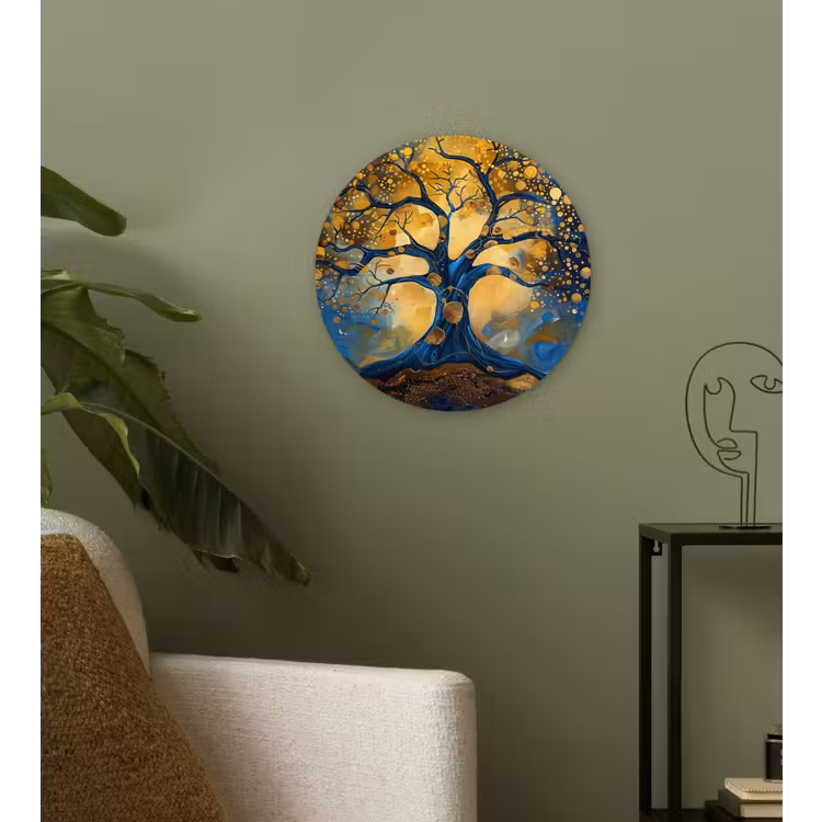 Boom - Levensboom - Blauw - Goud Wandcirkel kunststof plaat 5mm dik klein -sfeer3