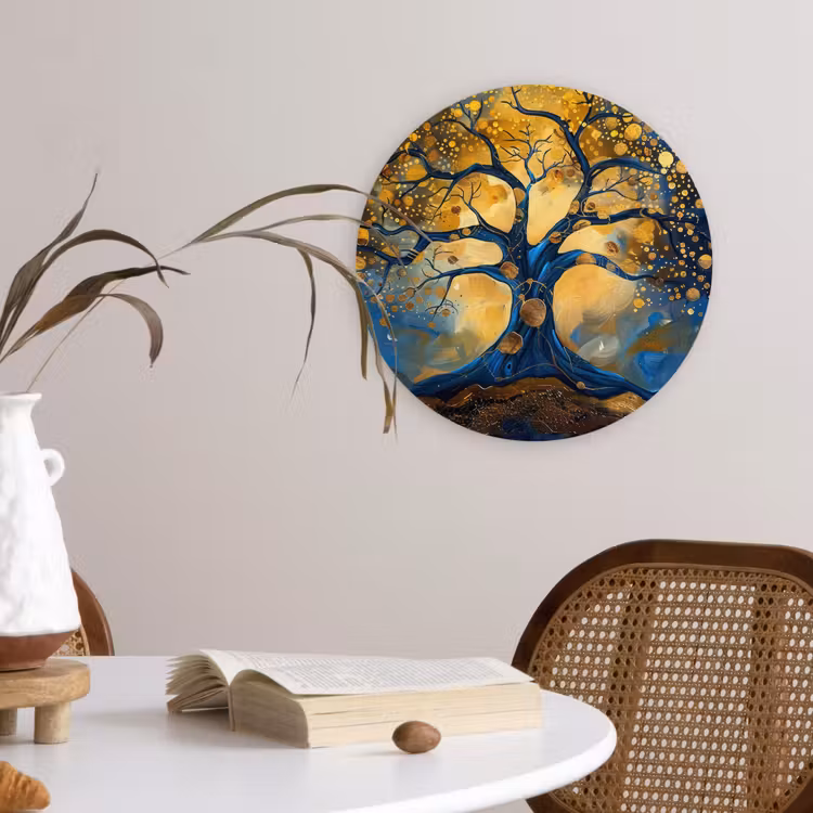 Boom - Levensboom - Blauw - Goud Wandcirkel kunststof plaat 5mm dik klein -sfeer4