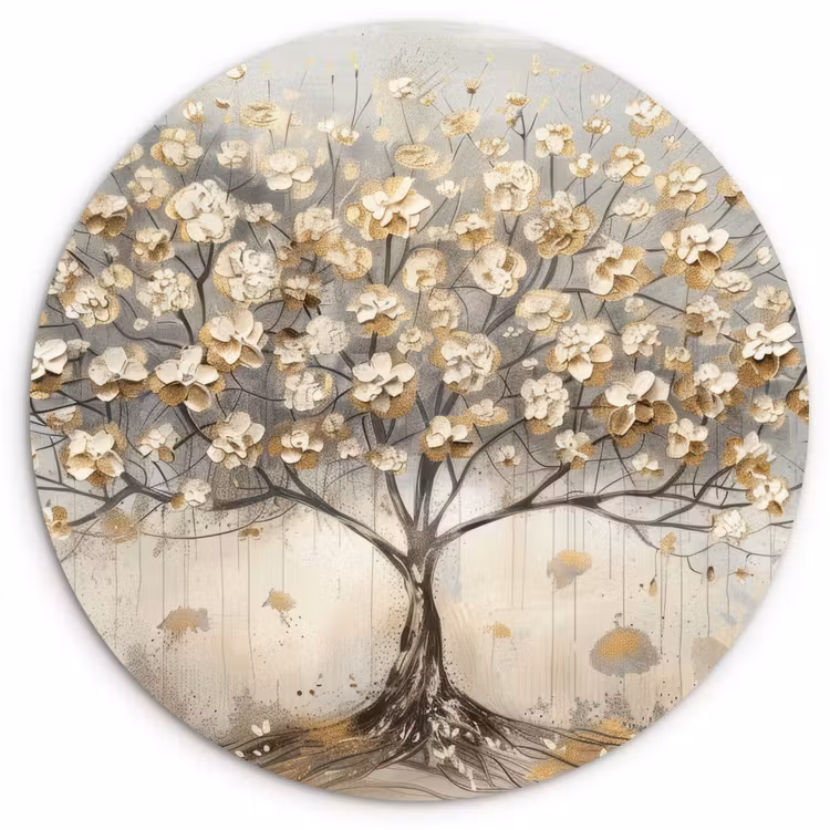 Boom - Beige - Goud - Verflook - Grijs Wandcirkel kunststof plaat 5mm dik klein -3d