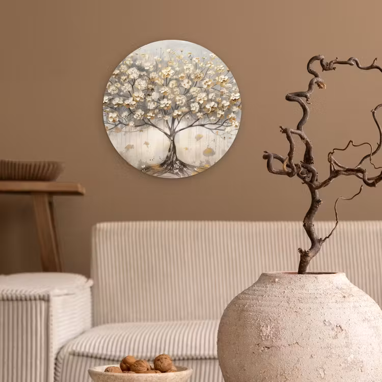Boom - Beige - Goud - Verflook - Grijs Wandcirkel kunststof plaat 5mm dik klein -sfeer1