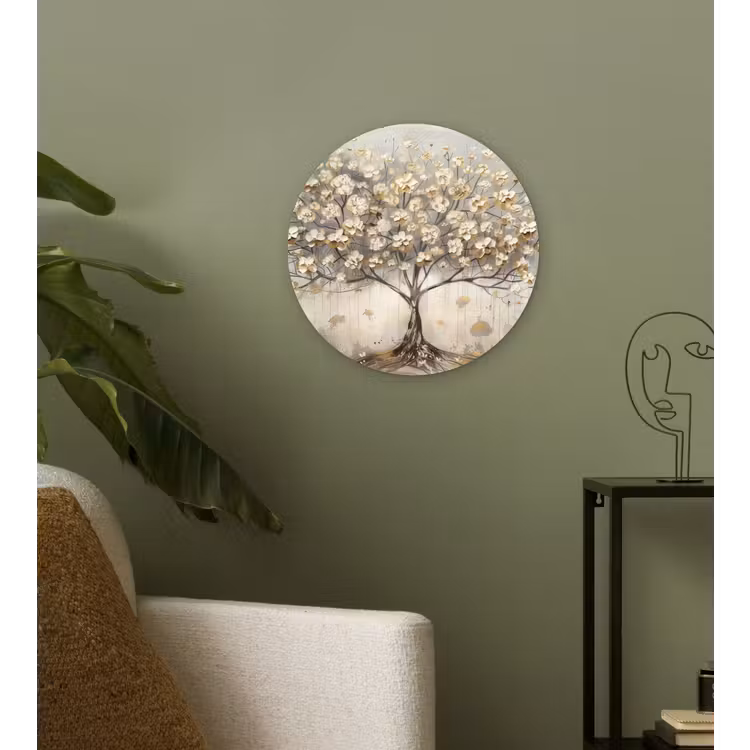 Boom - Beige - Goud - Verflook - Grijs Wandcirkel kunststof plaat 5mm dik klein -sfeer3