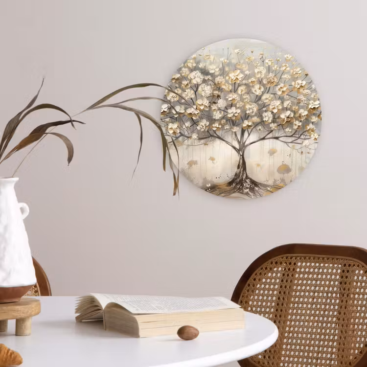 Boom - Beige - Goud - Verflook - Grijs Wandcirkel kunststof plaat 5mm dik klein -sfeer4
