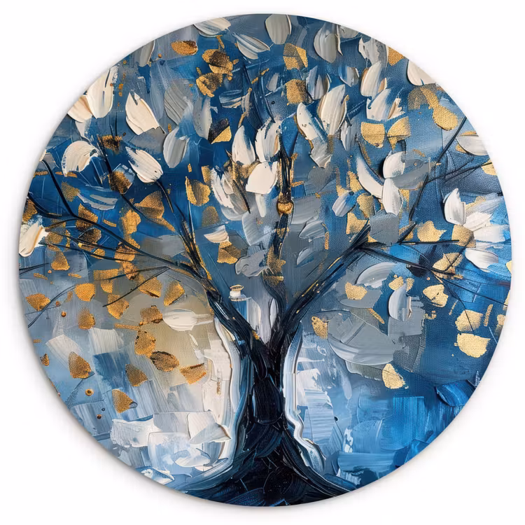 Boom - Blauw - Goud - Abstract Wandcirkel kunststof plaat 5mm dik klein -3d