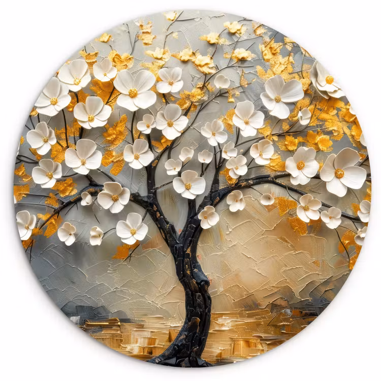 Boom - Bloemen - Goud - Beige Wandcirkel kunststof plaat 5mm dik klein -3d