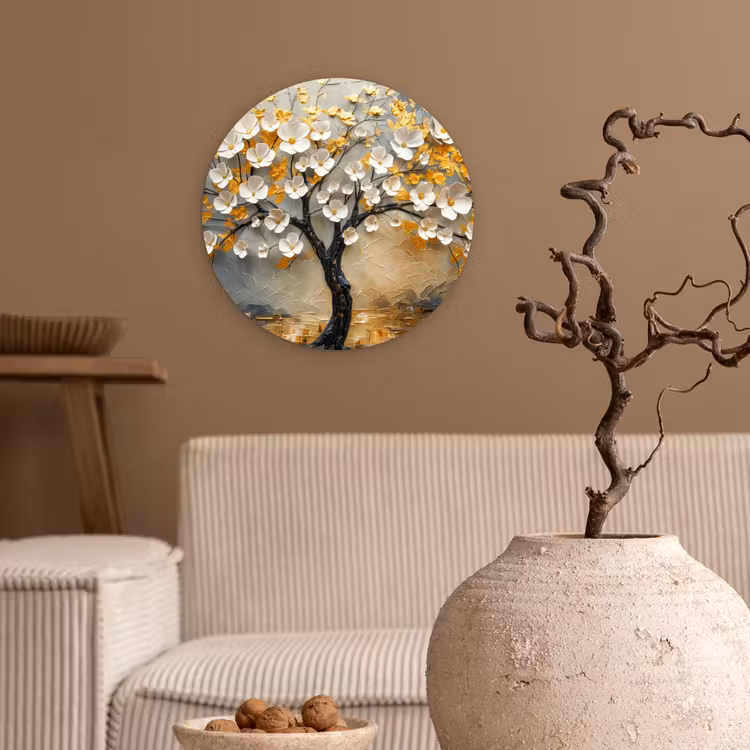 Boom - Bloemen - Goud - Beige Wandcirkel kunststof plaat 5mm dik klein -sfeer1