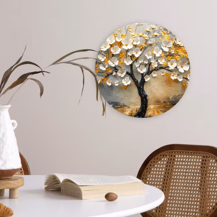 Boom - Bloemen - Goud - Beige Wandcirkel kunststof plaat 5mm dik klein -sfeer4
