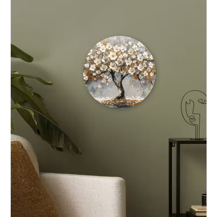 Boom - Bloemen - Wit - Natuur - Kunst Wandcirkel kunststof plaat 5mm dik klein -sfeer3