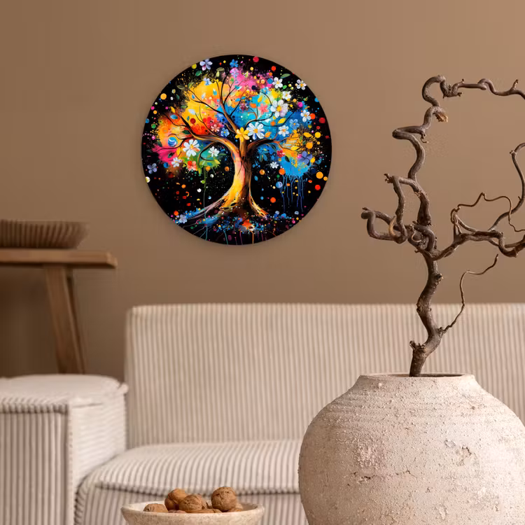 Boom - Kleurrijk - Bloemen - Zwart Wandcirkel kunststof plaat 5mm dik klein -sfeer1