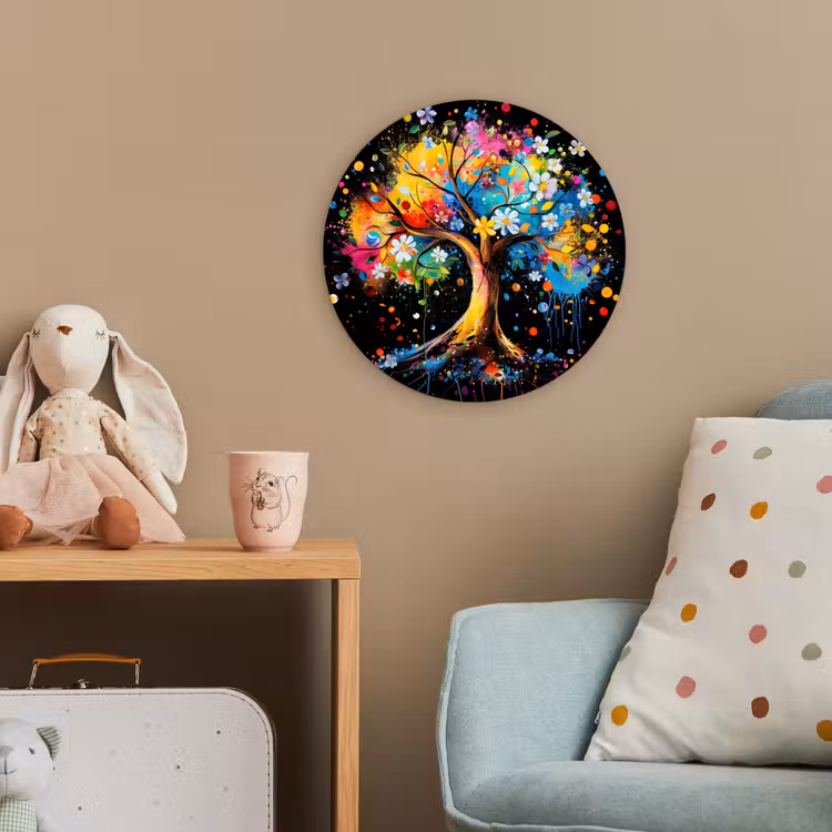 Boom - Kleurrijk - Bloemen - Zwart Wandcirkel kunststof plaat 5mm dik klein -tsfeer1_kind