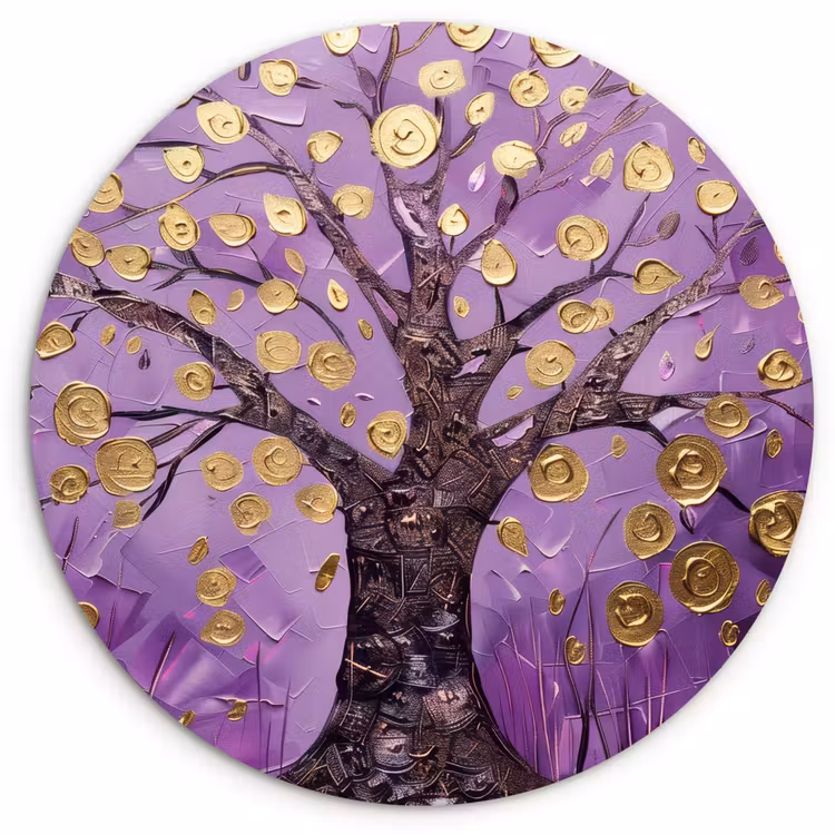 Levensboom - Boom - Paars - Goud - Modern Wandcirkel kunststof plaat 5mm dik klein -3d