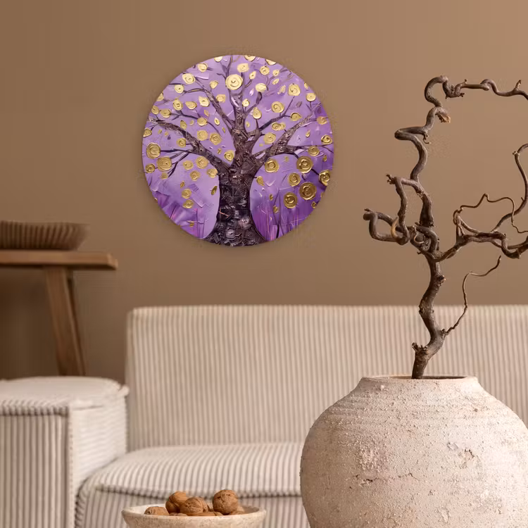 Levensboom - Boom - Paars - Goud - Modern Wandcirkel kunststof plaat 5mm dik klein -sfeer1