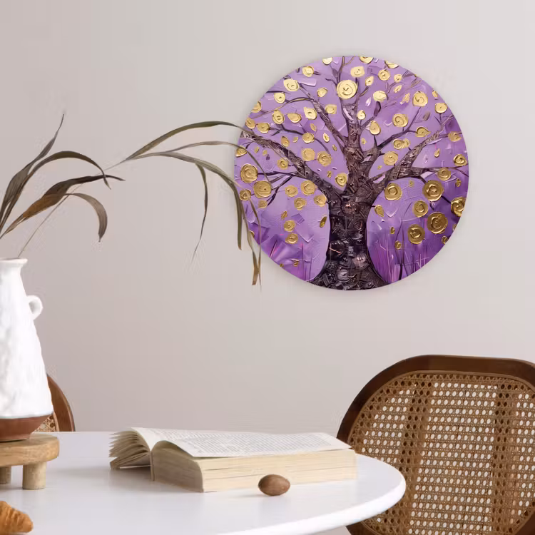 Levensboom - Boom - Paars - Goud - Modern Wandcirkel kunststof plaat 5mm dik klein -sfeer4