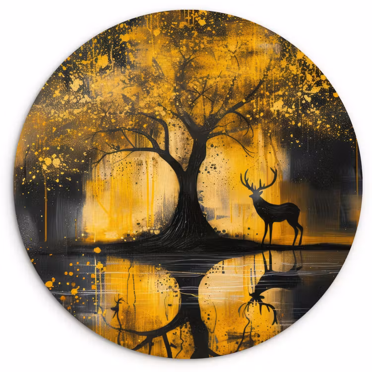 Boom - Verflook - Hert - Natuur - Goud Wandcirkel kunststof plaat 5mm dik klein -3d