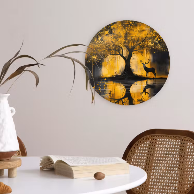 Boom - Verflook - Hert - Natuur - Goud Wandcirkel kunststof plaat 5mm dik klein -sfeer4