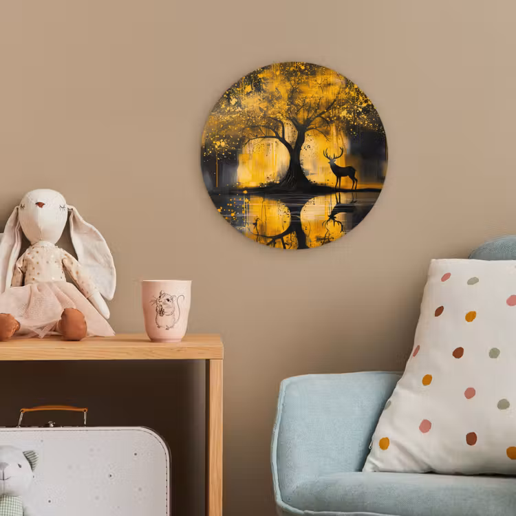 Boom - Verflook - Hert - Natuur - Goud Wandcirkel kunststof plaat 5mm dik klein -tsfeer1_kind