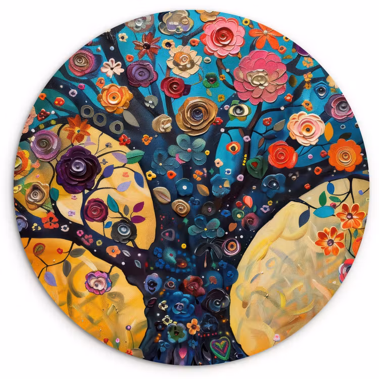 Boom - Levensboom - Kleurrijk - Bloemen - Modern Wandcirkel kunststof plaat 5mm dik klein -3d