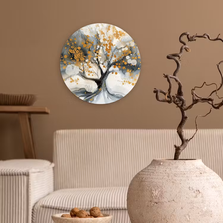 Boom - Modern - Abstract - Goud - Zwart - Wit Wandcirkel kunststof plaat 5mm dik klein -sfeer1