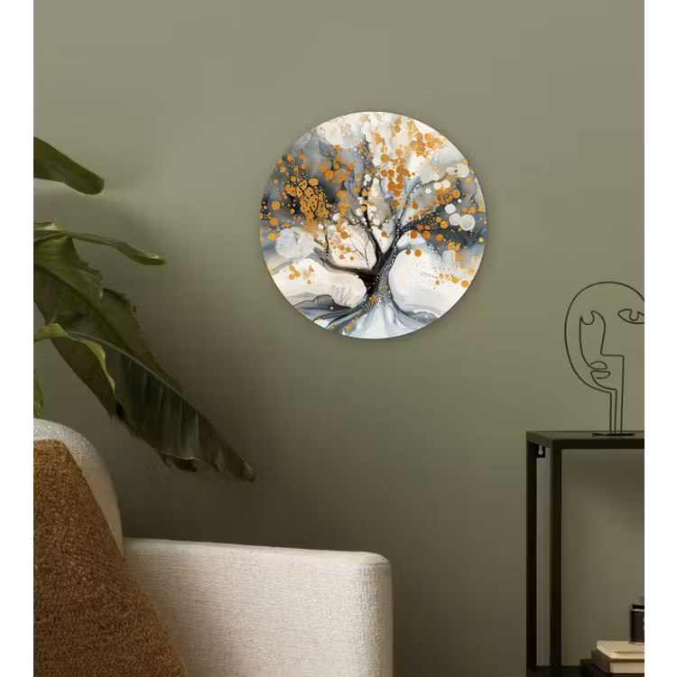 Boom - Modern - Abstract - Goud - Zwart - Wit Wandcirkel kunststof plaat 5mm dik klein -sfeer3