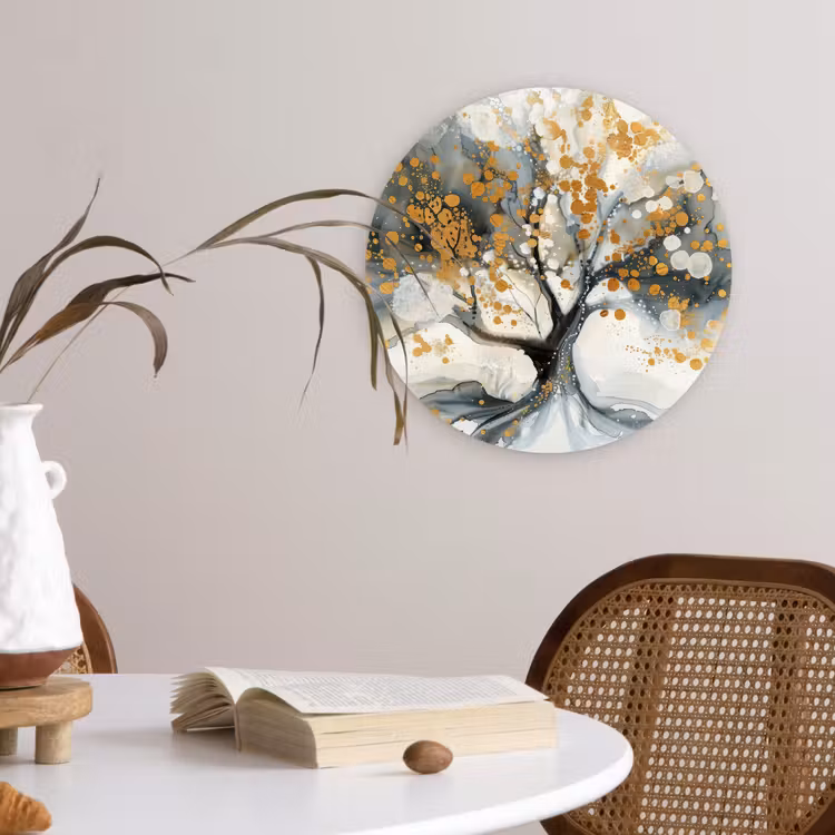 Boom - Modern - Abstract - Goud - Zwart - Wit Wandcirkel kunststof plaat 5mm dik klein -sfeer4