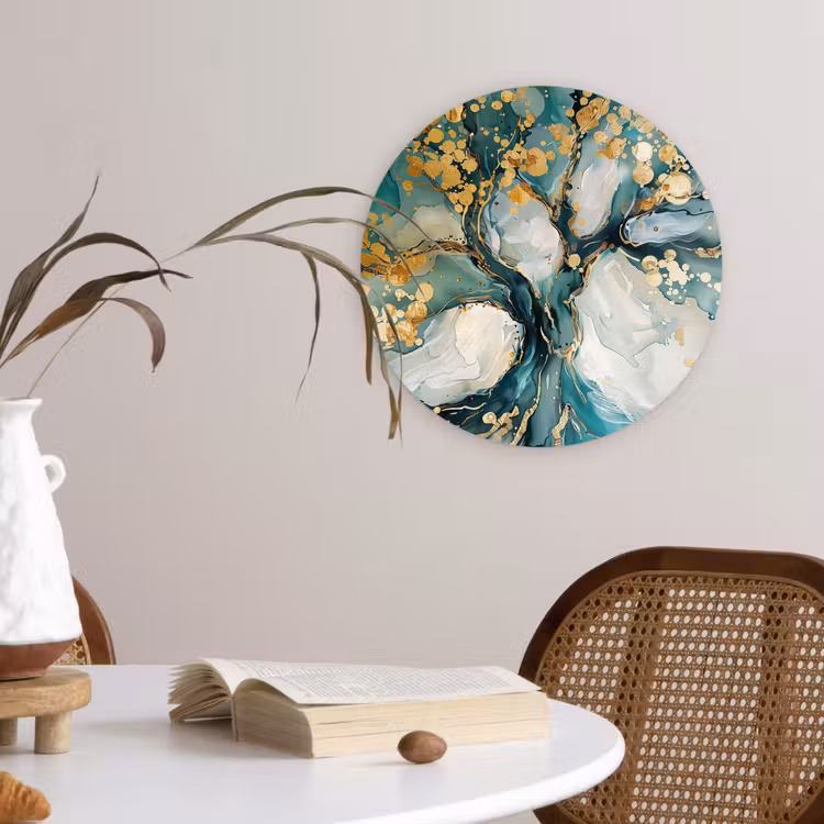 Boom - Modern - Verflook - Turquoise - Goud Wandcirkel kunststof plaat 5mm dik klein -sfeer4