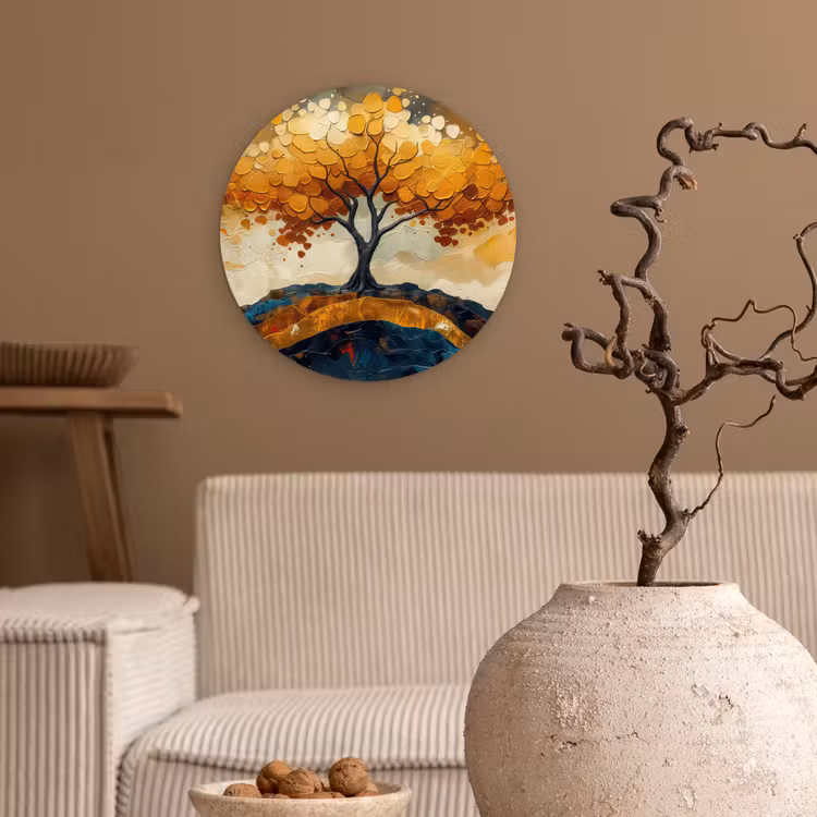 Boom - Natuur - Goud - Modern Wandcirkel kunststof plaat 5mm dik klein -sfeer1