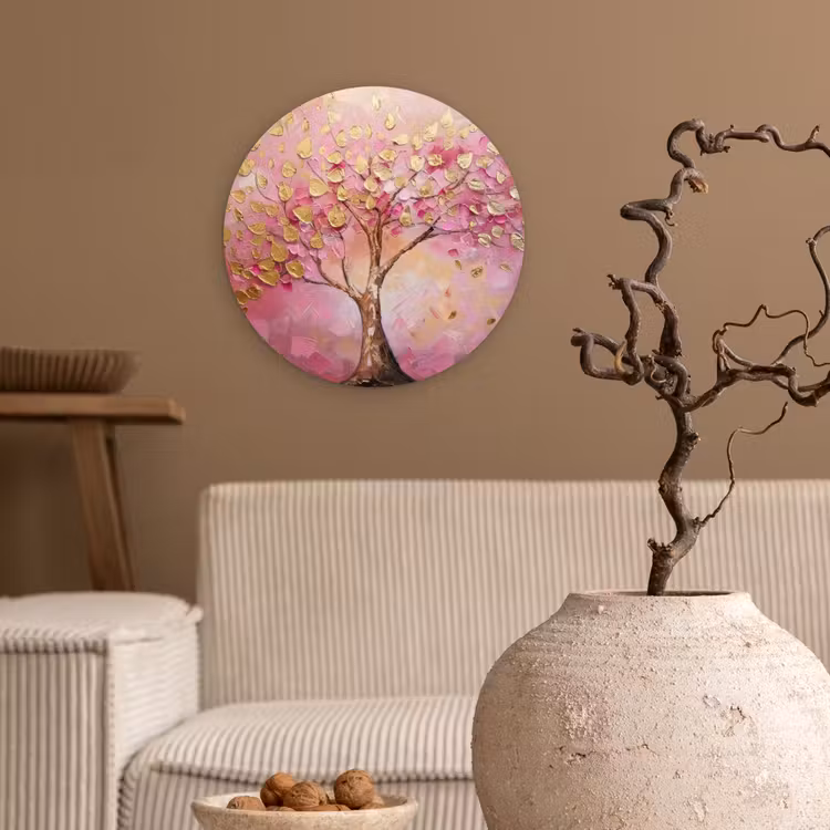 Boom - Roze - Goud - Modern Wandcirkel kunststof plaat 5mm dik klein -sfeer1