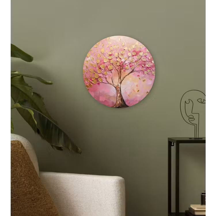 Boom - Roze - Goud - Modern Wandcirkel kunststof plaat 5mm dik klein -sfeer3